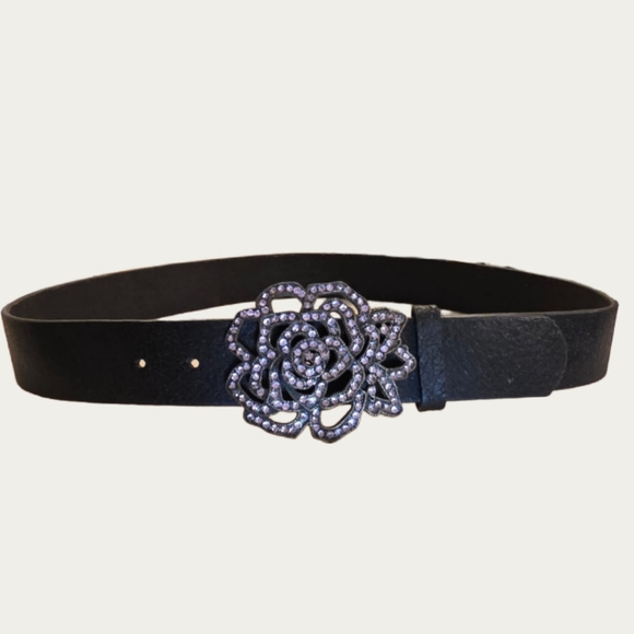 Vintage Glitz Pink Rhinestone Black Leather Belt Sz 35"-39" EUC - Picture 6 of 12